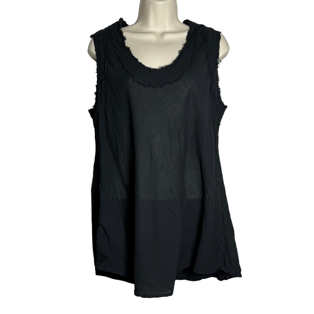 Cotton Flower Womens Guaze‎ Tank Top L Black Cotton Sheer Distressed Lagenlook